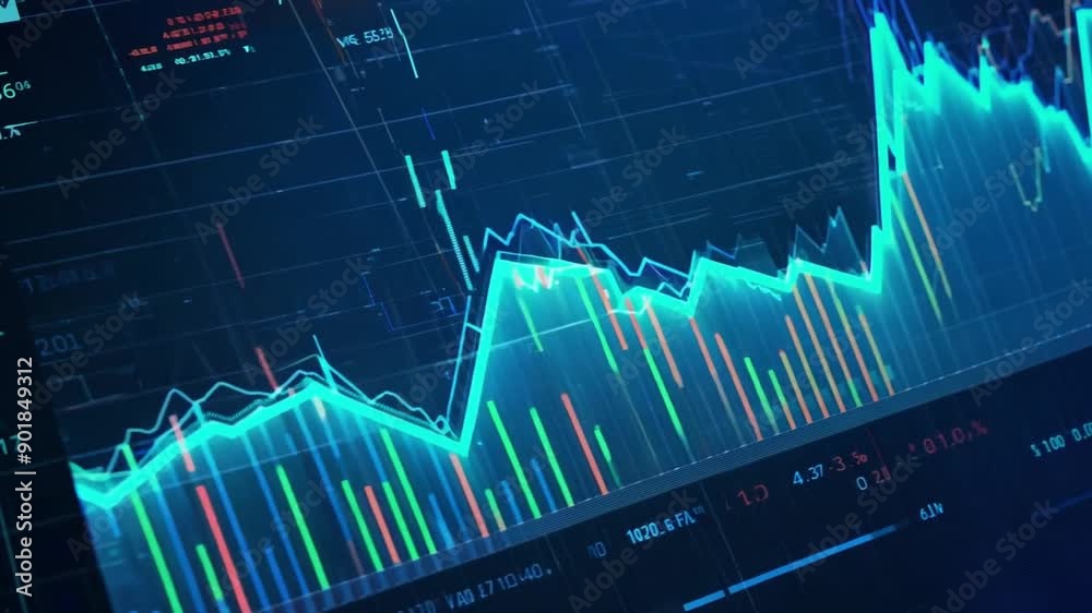 A close-up view of a digital screen displaying various financial charts, including line graphs and bar graphs, with colorful lines and numerical data.