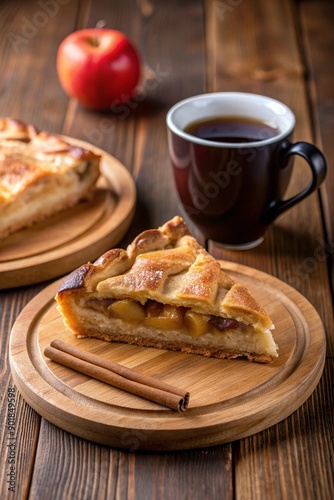 Slice of apple pie on a plate with apples and cinnamon sticks in the background. Cozy autumn dessert scene