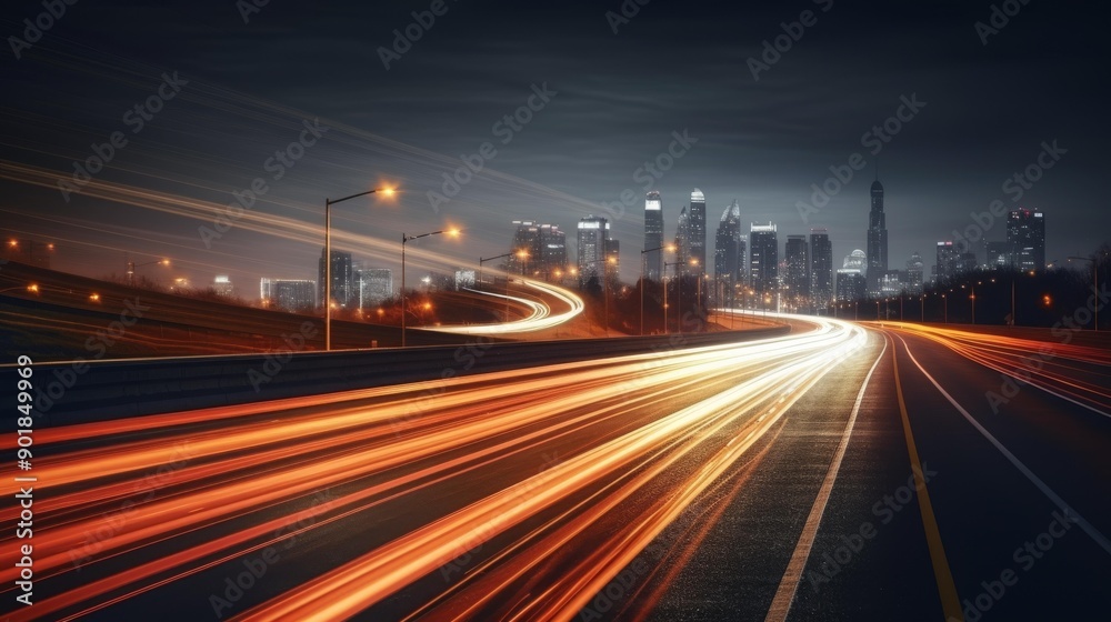 Light trails on a curving highway at night, creating a sense of speed and fluidity in an urban setting Light trails on a curving highway at night, creating a sense of speed and fluidity in an urban setting