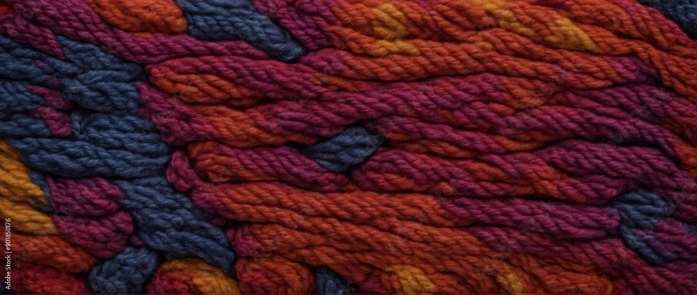 Geflochtenes Wollgarn in verschiedenen Farbtönen wie Rot, Blau, Orange und Gelb, das eine dichte, weiche Textur und ein einzigartiges, kunstvolles Muster zeigt Geflochtenes Wollgarn in verschiedenen Farbtönen wie Rot, Blau, Orange und Gelb, das eine dichte, weiche Textur und ein einzigartiges, kunstvolles Muster zeigt