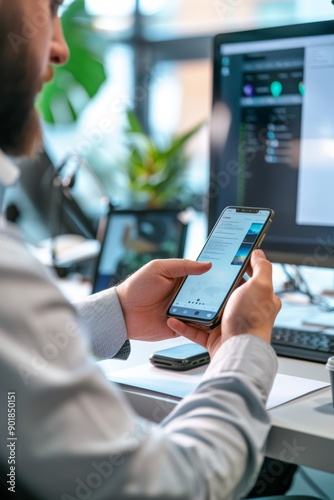 Software Developer Testing Mobile Application on Smartphone in Modern, Organized Workspace Setup © spyrakot