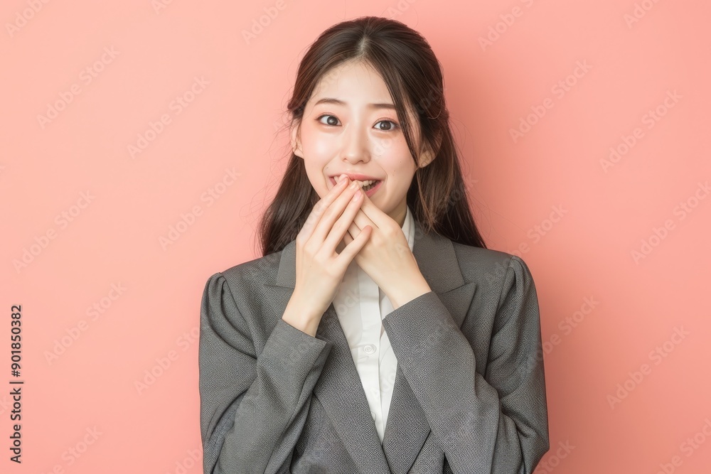 young japanese business woman covering her mouth with her hands - studio portrait young japanese business woman covering her mouth with her hands - studio portrait