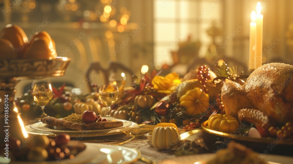 Festive table setting with a roasted turkey, pumpkins, and candles. Festive table setting with a roasted turkey, pumpkins, and candles.