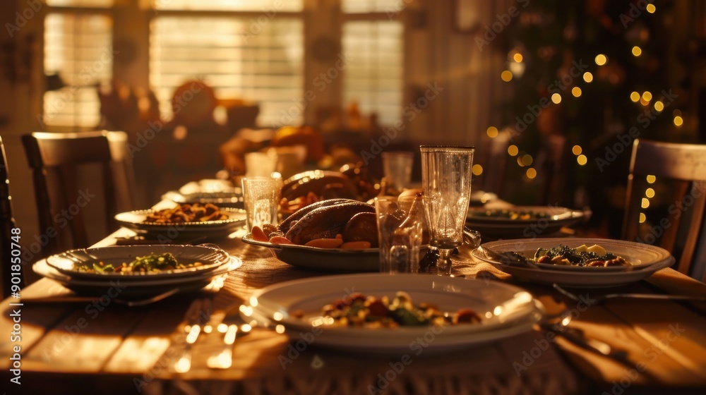 A rustic wooden table set for a holiday dinner, with plates and a glass of water. A rustic wooden table set for a holiday dinner, with plates and a glass of water.