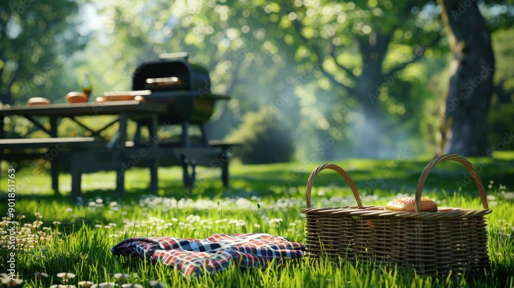 Picnic basket and blanket on green grass with a grill in the background. Picnic basket and blanket on green grass with a grill in the background.