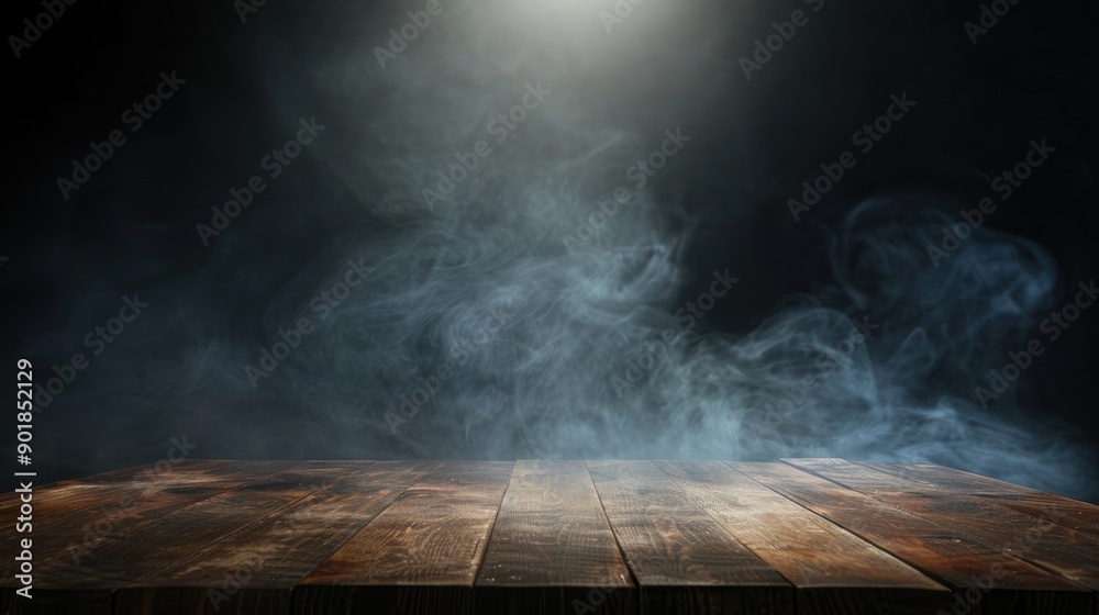 A dark room with a wooden table and a foggy haze A dark room with a wooden table and a foggy haze