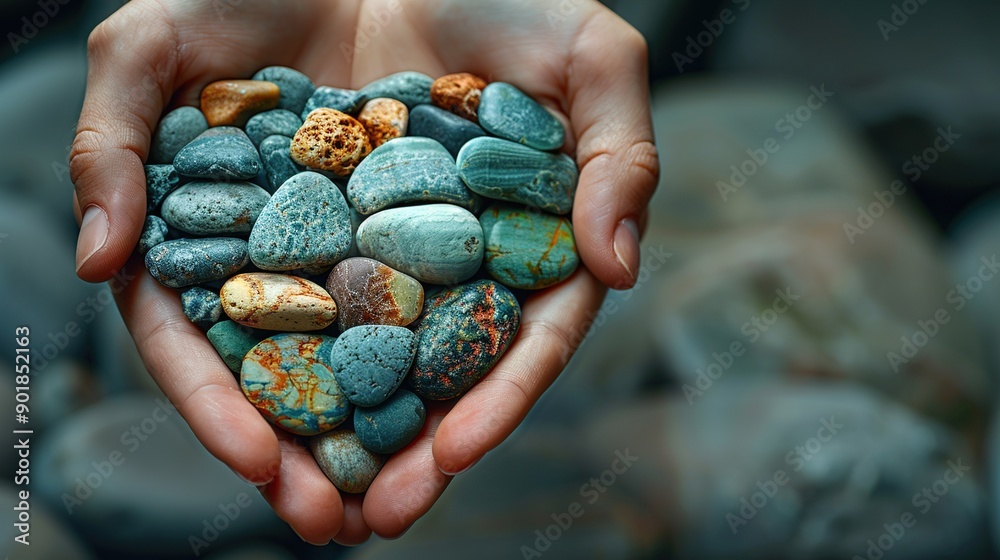 A zoomed-in picture of a person clutching a heart sculpture crafted from stones A zoomed-in picture of a person clutching a heart sculpture crafted from stones