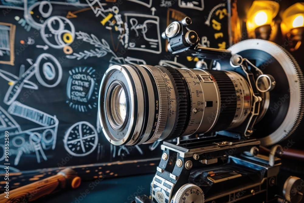 Fototapeta premium Close-up of a vintage film camera with a chalkboard filled with film sketches, and a film roll partially unrolled, capturing a creative filmmaking atmosphere.