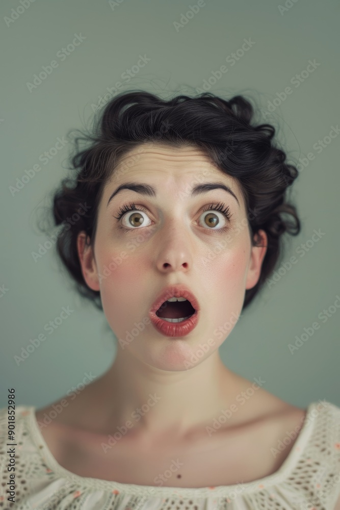 Surprised Woman with Wide Eyes and Open Mouth Against Neutral Gradient Background Surprised Woman with Wide Eyes and Open Mouth Against Neutral Gradient Background