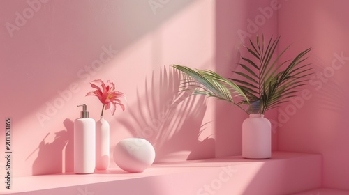 Wallpaper Mural Pink and white decor with palm leaves Torontodigital.ca
