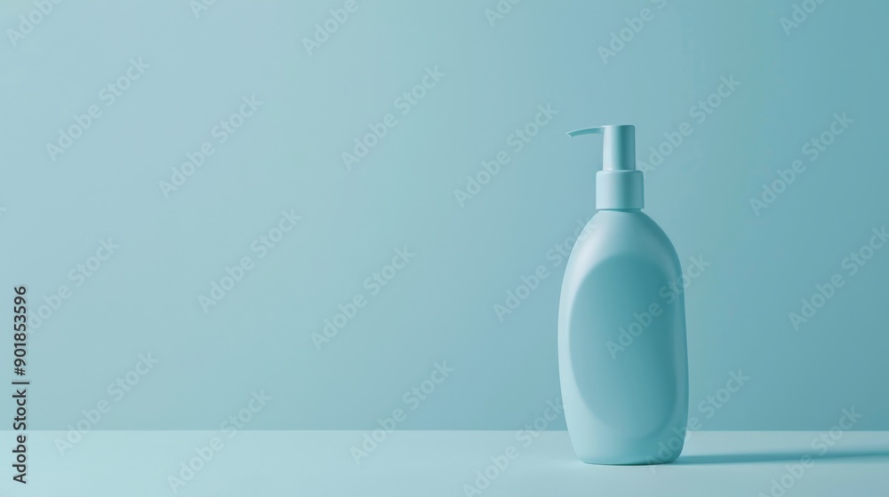 a blank bottle of shampoo on blue background - minimalistic advertising campain