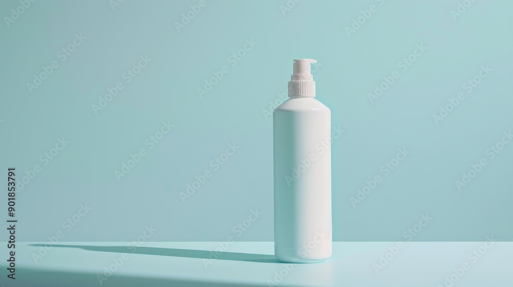 a blank bottle of shampoo on blue background - minimalistic advertising campain a blank bottle of shampoo on blue background - minimalistic advertising campain