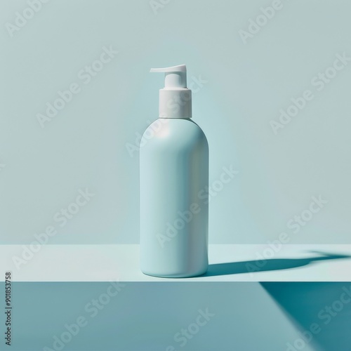 a blank bottle of shampoo on blue background - minimalistic advertising campain photo