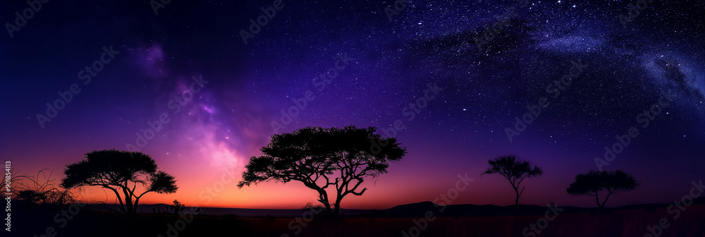 Naklejka premium Serene South African Night Sky: Silhouettes of Safari Landscape in Stunning Nature Photography