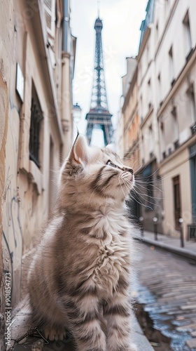 Cute Fluffy Kitten with Light Gray and White Fur Standing on a Narrow Parisian Street