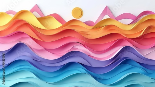 Vibrant Paper Art Collage Depicting Imaginative Waves and Sun in a Colorful Abstract Landscape