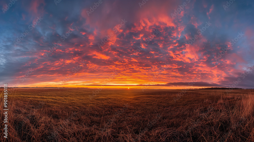 Fototapeta premium Golden Autumn Sunrise Panorama Over Prairie Grass Field