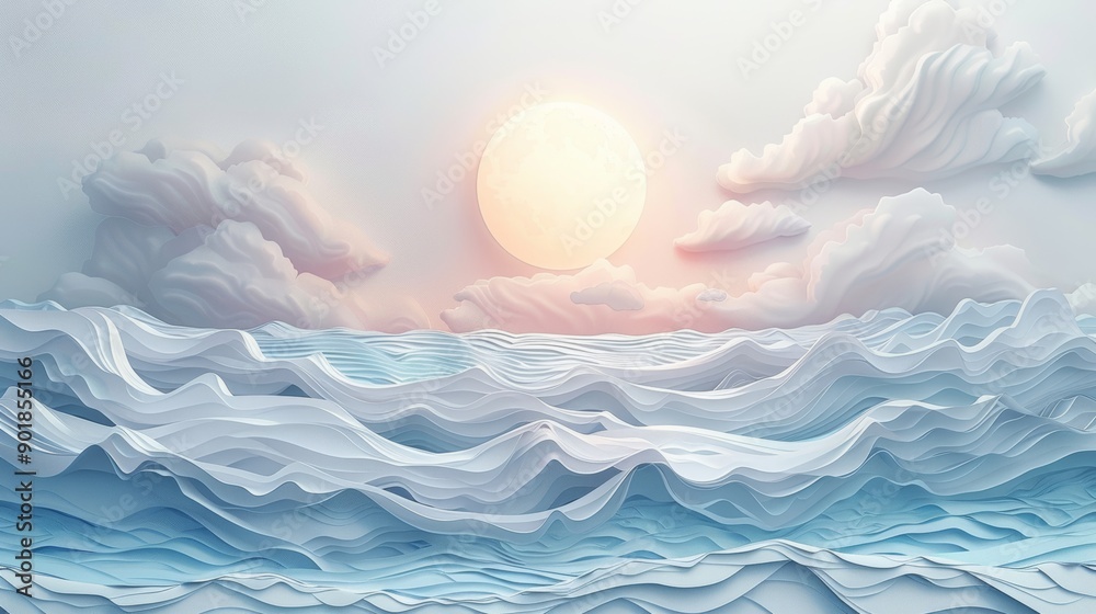 Imaginative Paper Art Collage of Ocean Waves and Sun with Layered Clouds in a Dreamy Sky Imaginative Paper Art Collage of Ocean Waves and Sun with Layered Clouds in a Dreamy Sky