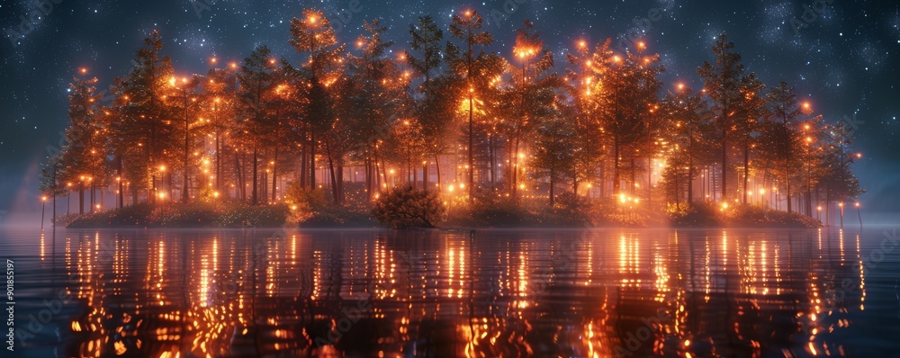 Fototapeta premium Enchanted Forest Island Illuminated by Glowing Lights Under a Starry Night Sky Reflecting on Tranquil Water