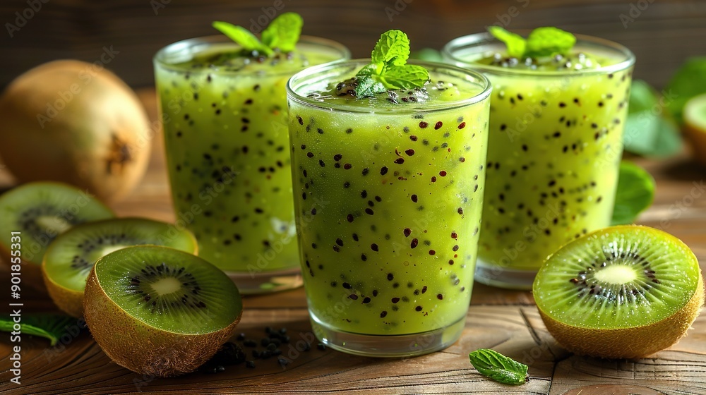 Three glasses of green smoothie with kiwis and mint on wooden table Three glasses of green smoothie with kiwis and mint on wooden table