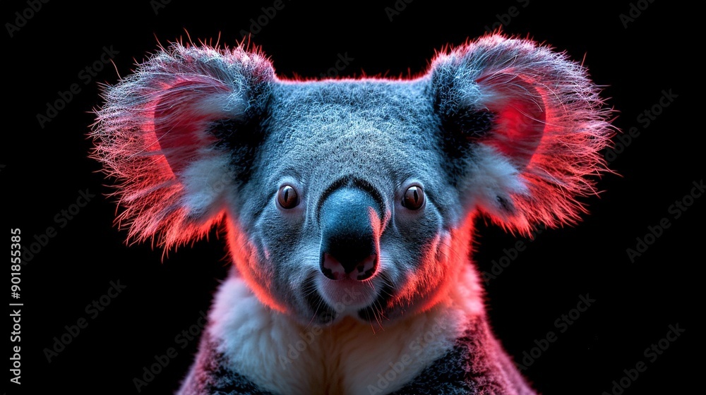   A close-up of a koala's face with a red light on its chest against a black background