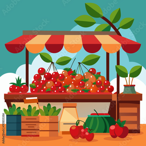 Cherry Fruits and Vegetables on Market Stall