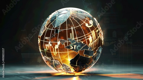 A 3D icon of a cracked crystal ball with stock market symbols inside, symbolizing the unpredictability and fragility of financial forecasts.