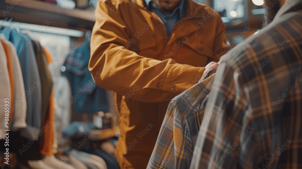 Fototapeta premium A person examining clothing in a retail setting