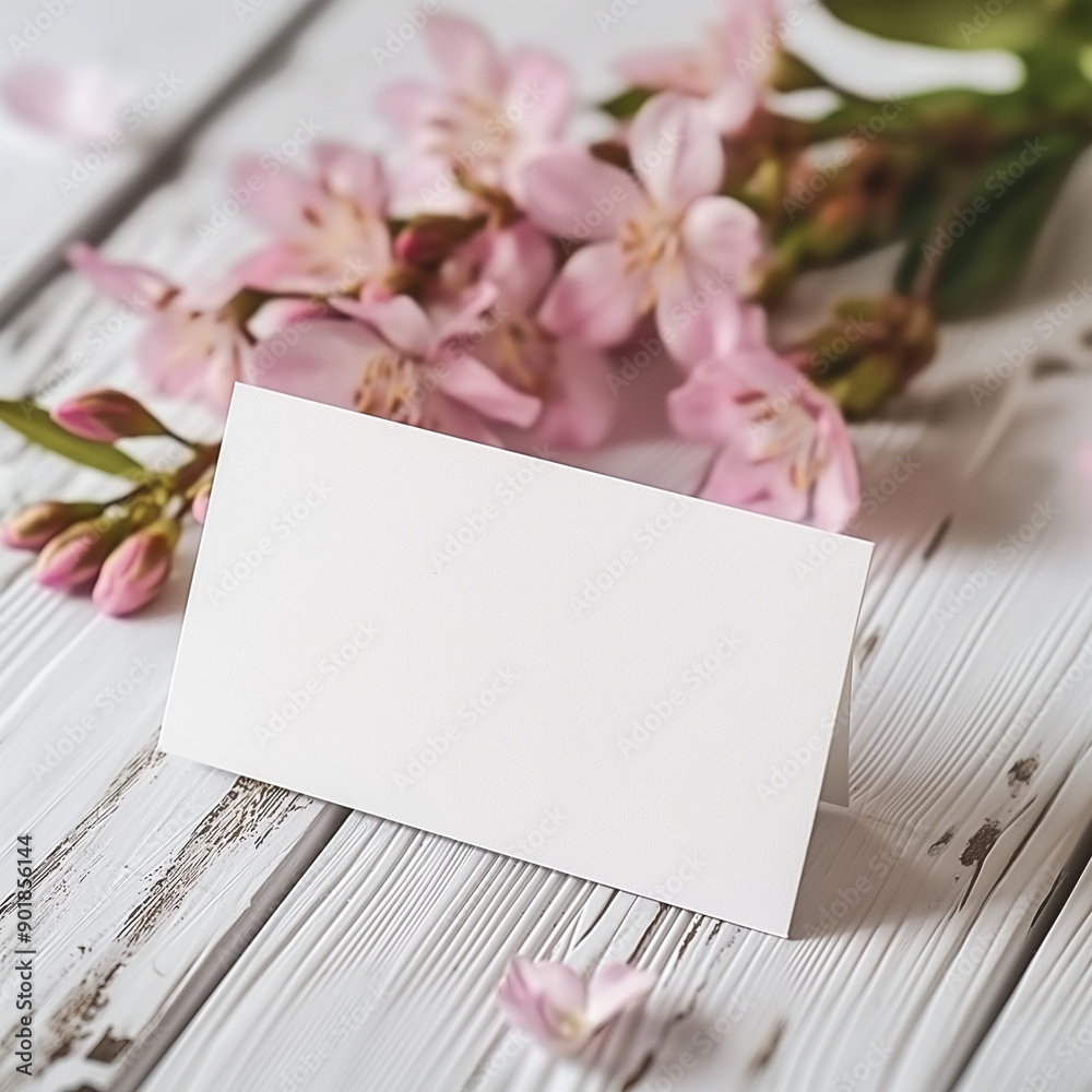 Elegant Greetings Card Mockup on White Wood Table with Pink Flowers - Close Up Studio Photography with Soft Lighting Elegant Greetings Card Mockup on White Wood Table with Pink Flowers - Close Up Studio Photography with Soft Lighting