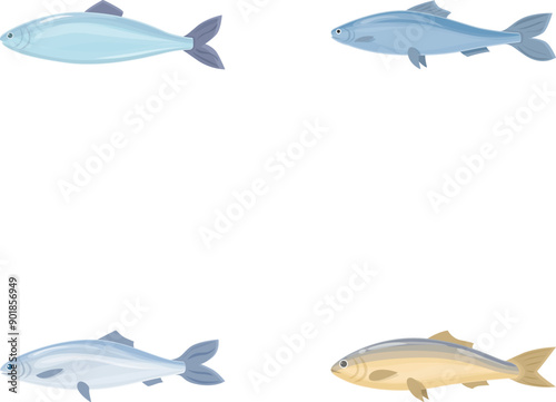 Commercial fish icons set cartoon vector. Fresh raw edible cartoon fish. Seafood