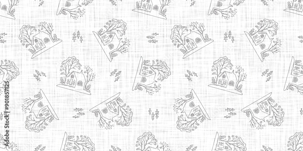 White neutral minimal house motif with Linen effect texture for baby nursery seamless background. Modern muted simple soft motif pattern for wallpaper , home decor white gray design. White neutral minimal house motif with Linen effect texture for baby nursery seamless background. Modern muted simple soft motif pattern for wallpaper , home decor white gray design.