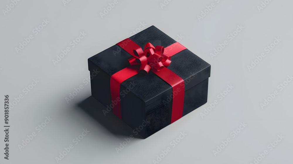 Isometric Photo of Black Gift Box with Red Ribbon on White Background Isometric Photo of Black Gift Box with Red Ribbon on White Background