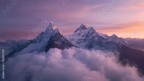 Majestic mountain peaks rise above a sea of clouds during a breathtaking sunrise, showcasing nature's stunning beauty and tranquility.
