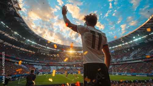 Joyful nerd loseryoung man waving in a crowded stadium, Stadium filled with cheering fans,generative ai photo