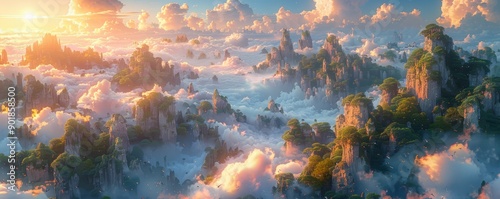 Enchanting Dreamscape of Floating Islands in a Sea of Clouds at Sunrise - A Vision Beyond Imagination