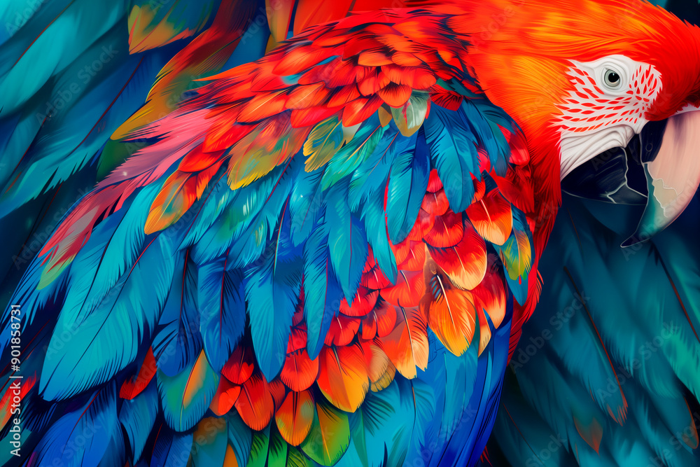 Obraz premium Flat, uniform , repeating print of Macau parrot feather. Creative natural print for fabric, wallpaper, rug or background
