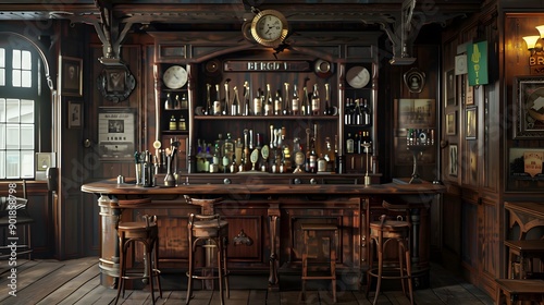 Old bar Traditional or British style bar or pub interior, with wooden paneling