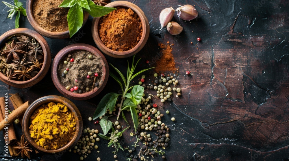 Assorted spices and herbs in wooden bowls Assorted spices and herbs in wooden bowls