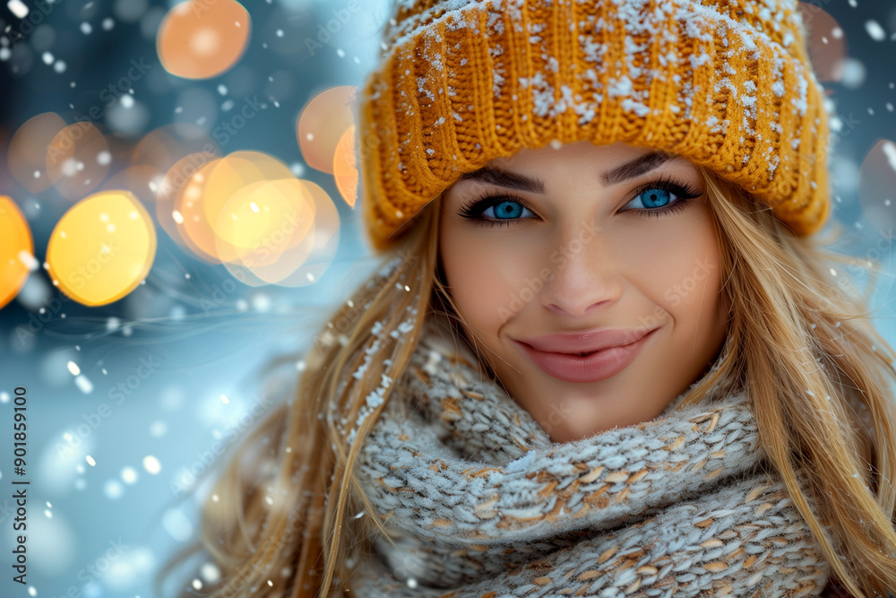 A woman wearing a yellow hat and a scarf is smiling. The image has a bright and cheerful mood A woman wearing a yellow hat and a scarf is smiling. The image has a bright and cheerful mood
