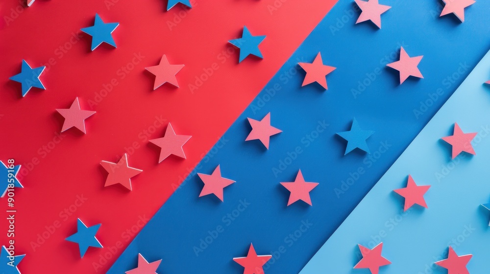 Fototapeta premium Abstract background with blue, red, and light blue stars.