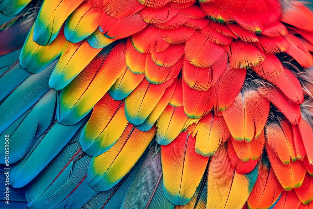 Obraz premium Flat, uniform , repeating print of Macau parrot feather. Creative natural print for fabric, wallpaper, rug or background