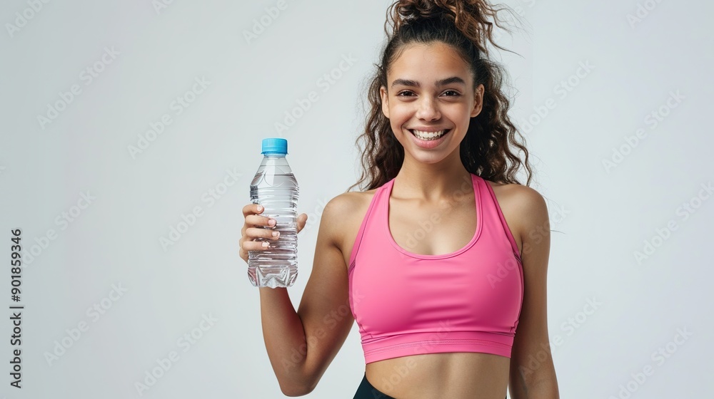 Pretty cute cheerful fitness girl in pink top and black leggings holding a bottle of water over white background Pretty cute cheerful fitness girl in pink top and black leggings holding a bottle of water over white background