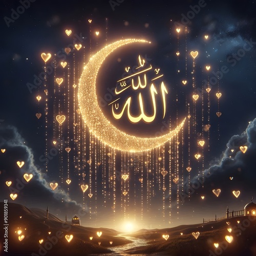 Divine Inscription: Allah Almighty's Name Illuminated on a Pearly Moon with a Shower of Golden Hearts, AI Generated