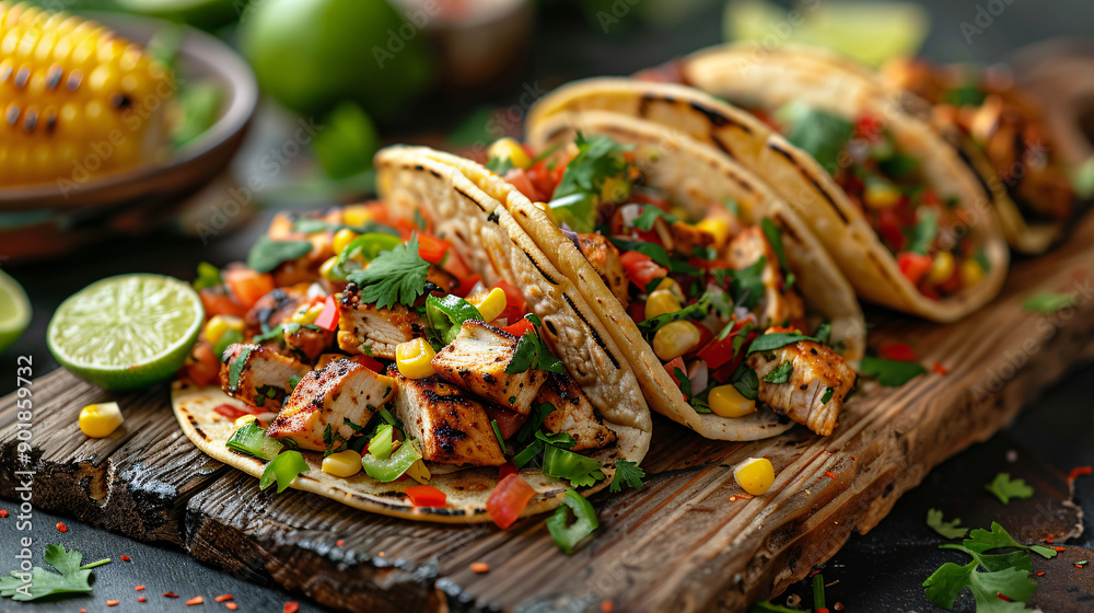 A wooden board with chicken tacos lime slices and vegetable salad A wooden board with chicken tacos lime slices and vegetable salad