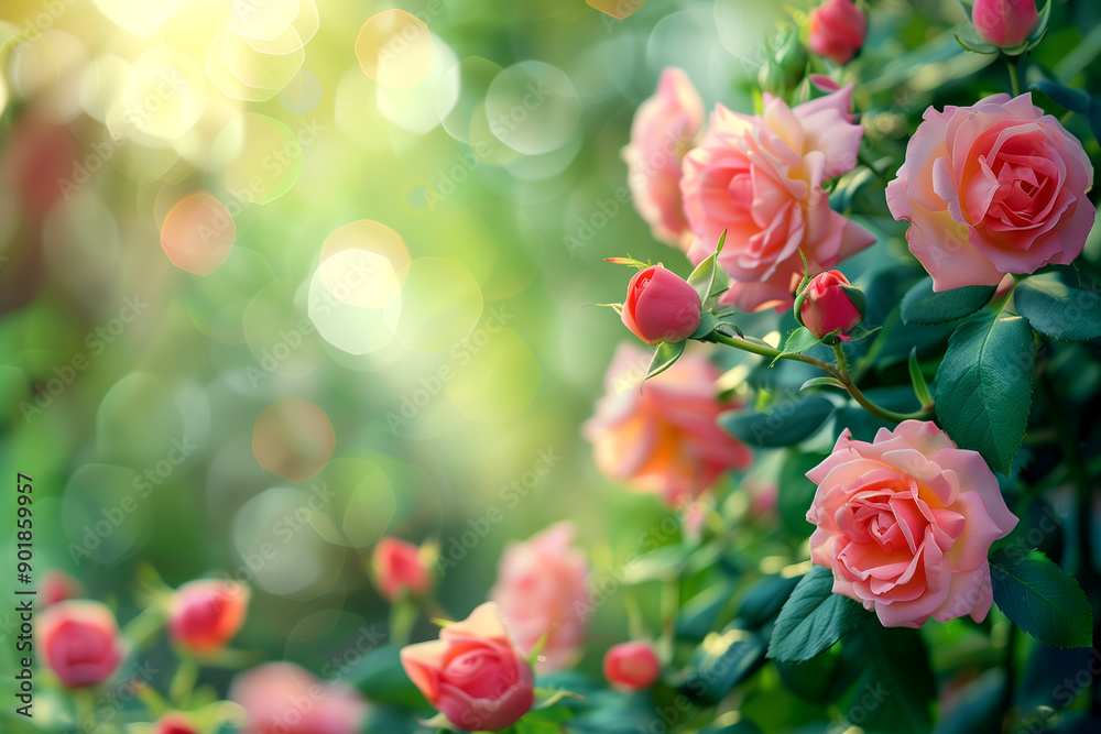 A bunch of pink roses are in a garden with a green background. The roses are in full bloom and are surrounded by leaves. Concept of beauty and tranquility A bunch of pink roses are in a garden with a green background. The roses are in full bloom and are surrounded by leaves. Concept of beauty and tranquility