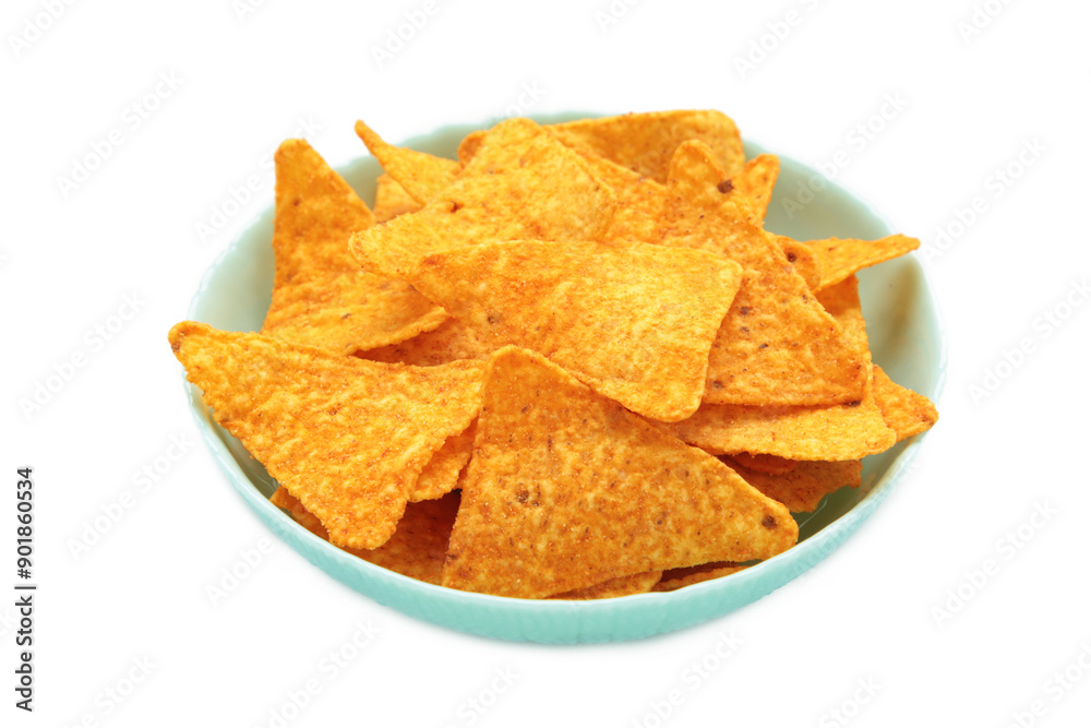 Crispy corn tortilla nachos chips in bowl isolated on white background Crispy corn tortilla nachos chips in bowl isolated on white background