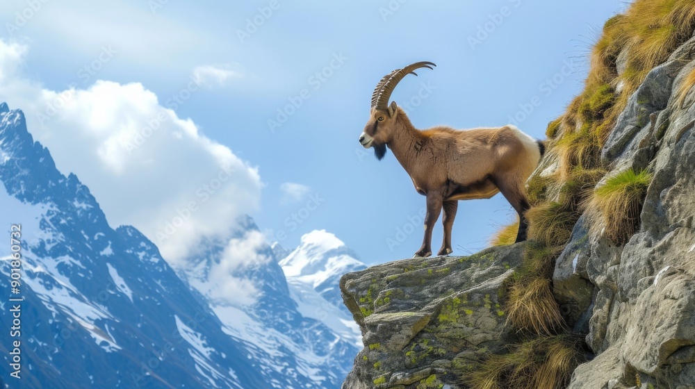 Ibex standing majestically on a rocky ledge in the Alps Ibex standing majestically on a rocky ledge in the Alps
