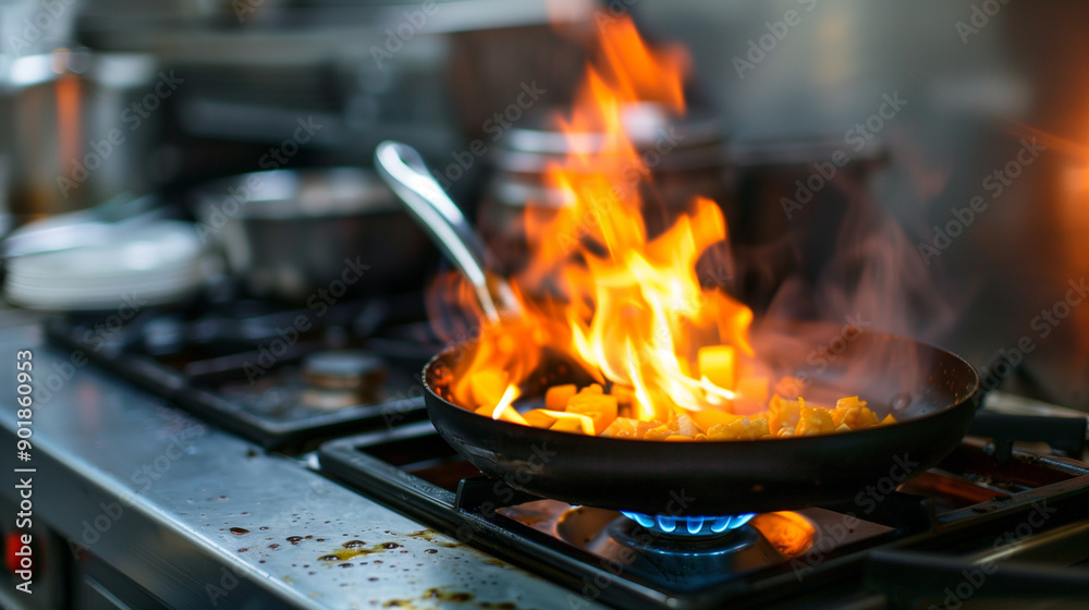 Fire bursting from under a black frying pan on the stove. Fire bursting from under a black frying pan on the stove.