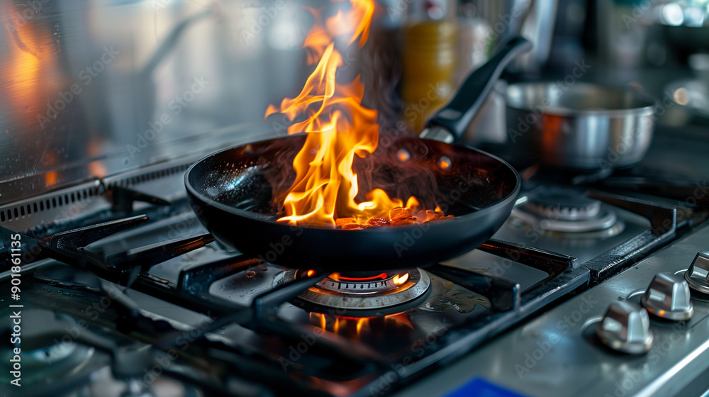 Fire bursting from under a black frying pan on the stove. Fire bursting from under a black frying pan on the stove.