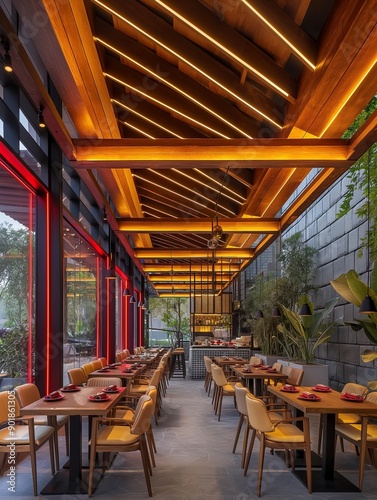 A contemporary restaurant with modern lighting and wooden ceiling, offering a stylish dining experience. Perfect for interior design and restaurant decor ideas.